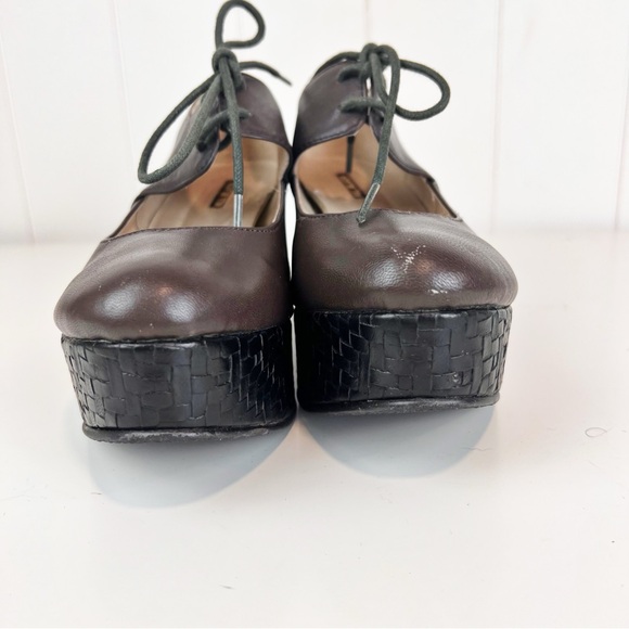 All Black Footwear Platform Lace up Mary Janes Brown Woven Embossed Size 38 - Picture 2 of 13